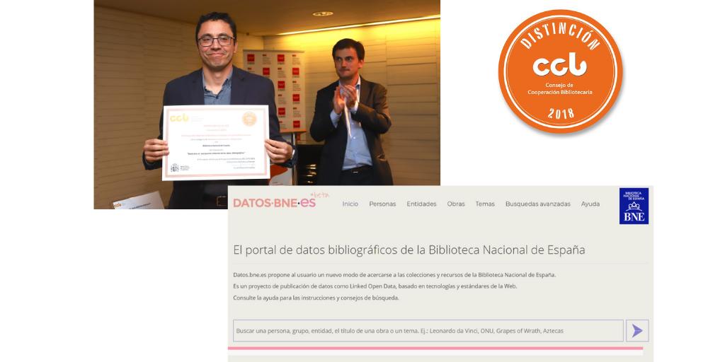 Ricardo Santos Muñoz, Jefe Departamento de Proceso Técnico de la Biblioteca Nacional de España, recoge el Sello CCB 2018 entregado por José Luis Bueren, presidente de la Comisión Técnica de Cooperación de Bibliotecas Nacionales y Regionales