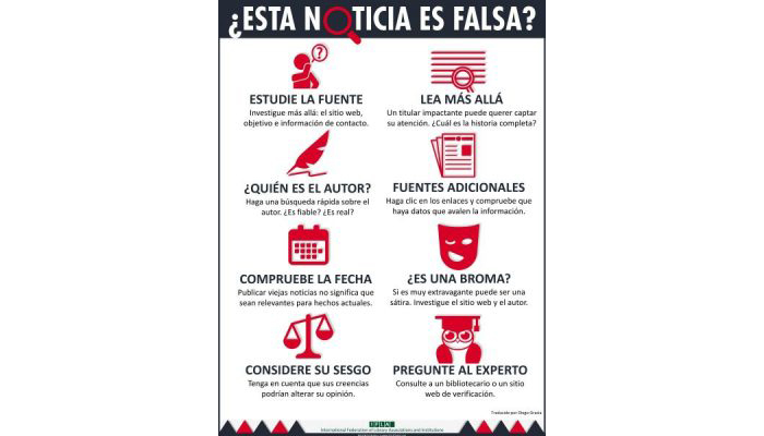 Infografía con ocho pasos a seguir para verificar si una noticia es falsa o no